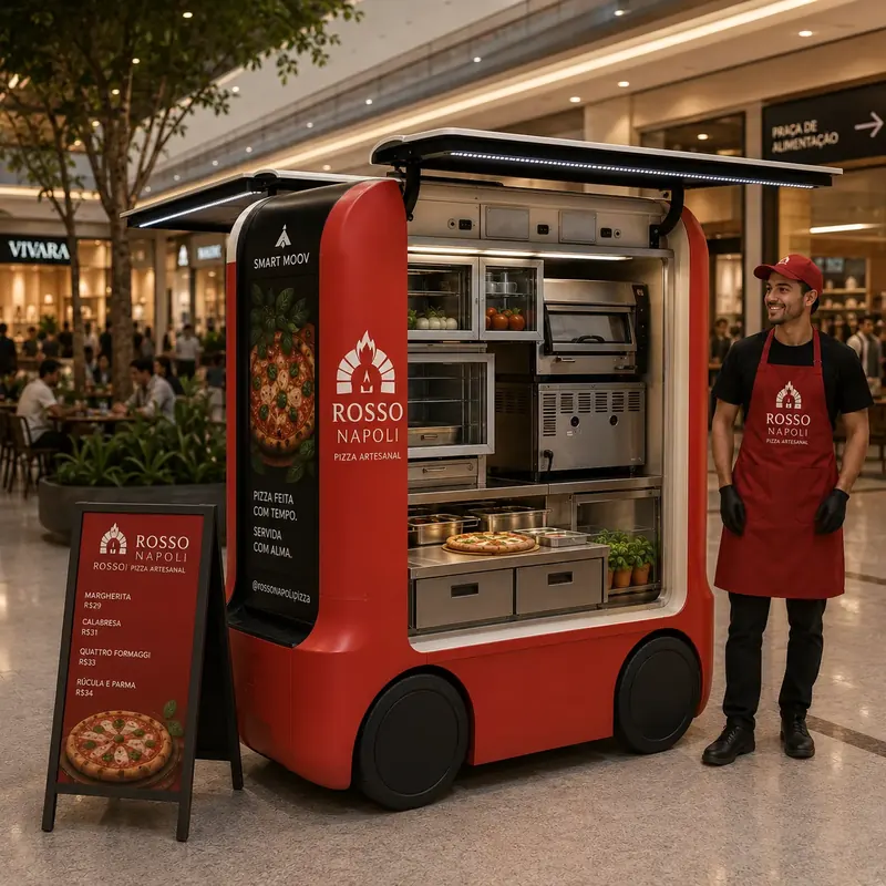 Carrinho de pizza vermelho com pizzaiolo e cardápio em shopping