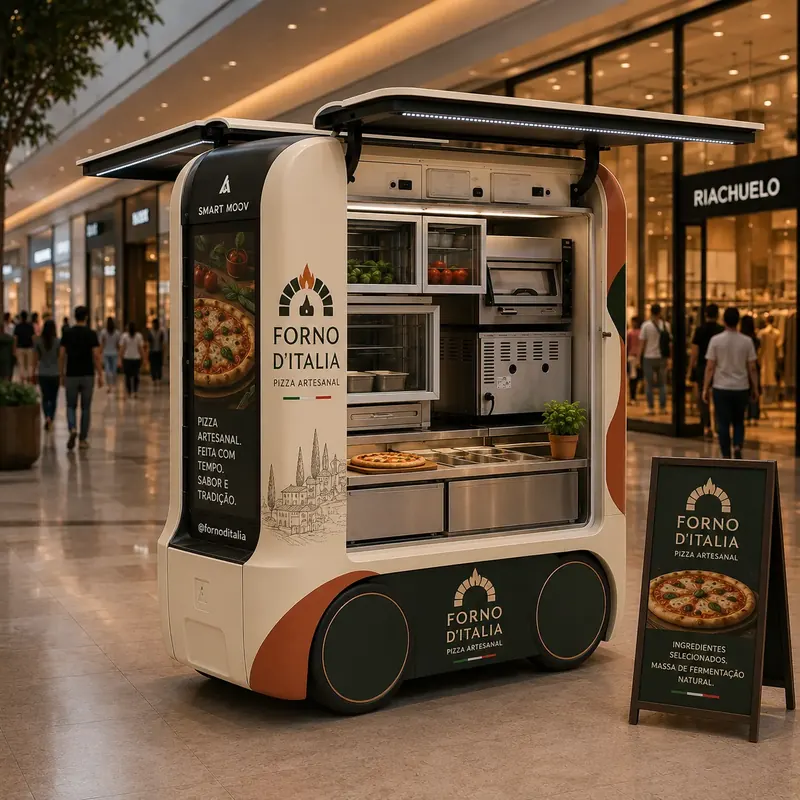 Quiosque de pizza branco e verde com forno e placa de cardápio na frente de lojas de shopping
