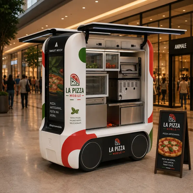 Carrinho elétrico de pizza branco e vermelho com placa de cardápio
