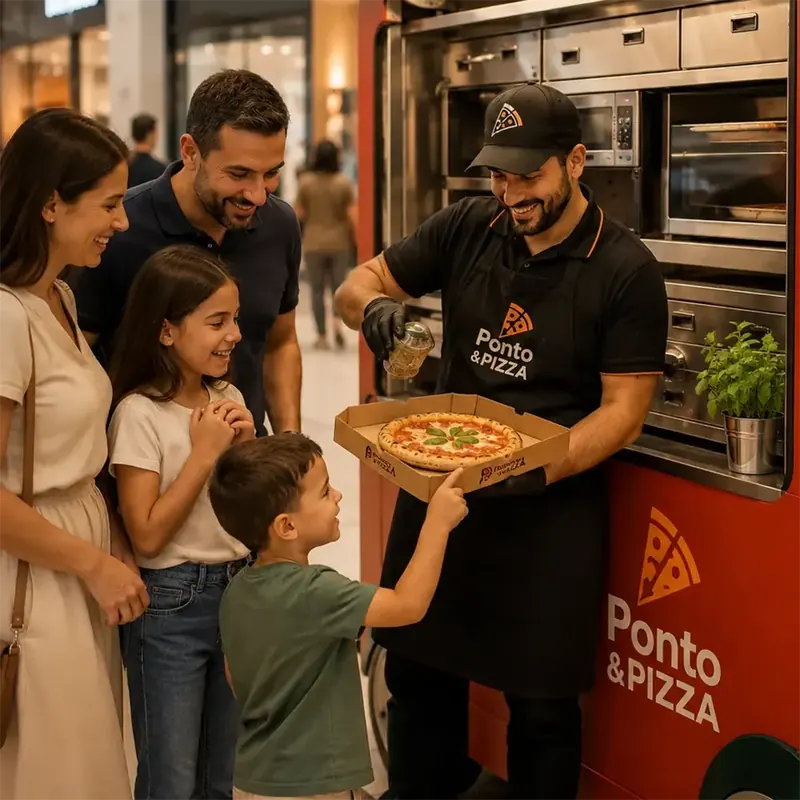 Pizzaiolo entrega pizza para uma família na frente de um carrinho de pizza