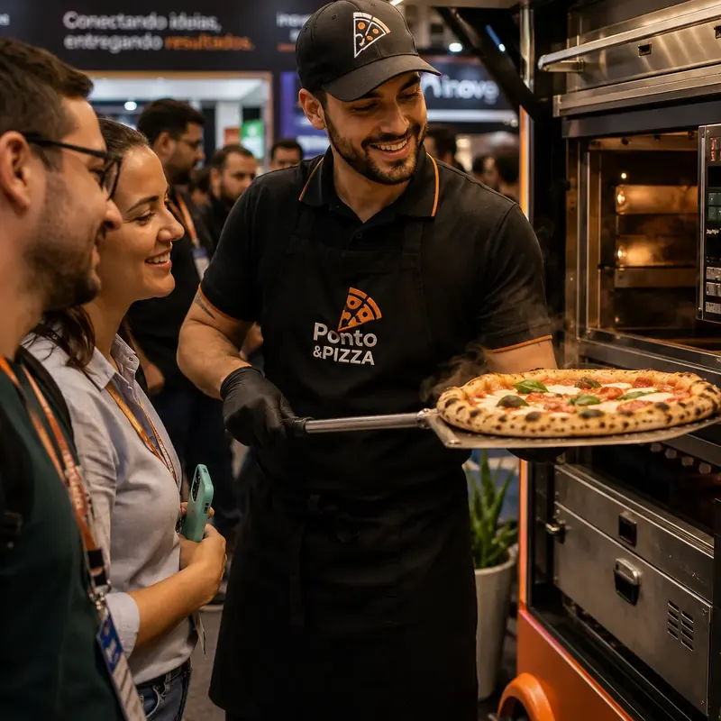 Pizzaiolo entrega pizza recém-saída do forno em um carrinho Smart Moov durante evento