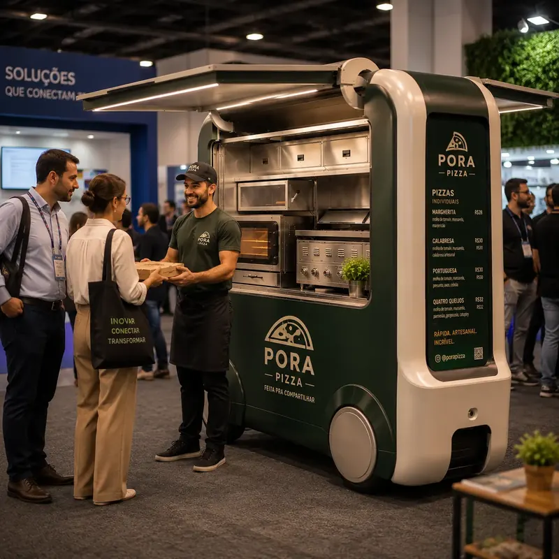Carrinho de pizza verde atendendo visitantes em feira de negócios