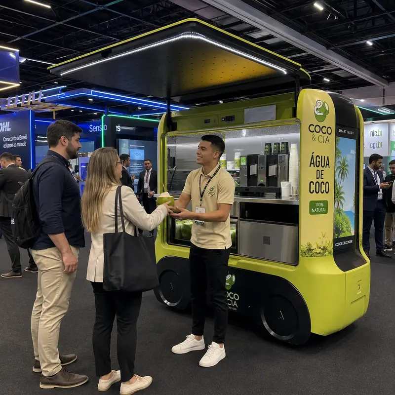 Atendente serve água de coco a visitantes em quiosque verde numa feira de negócios