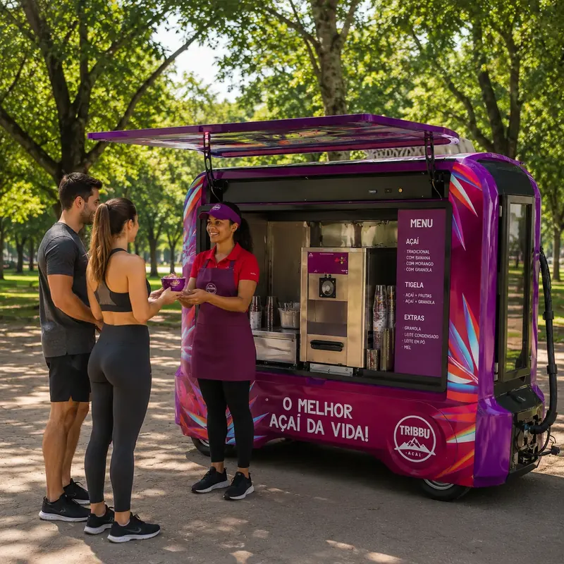 Atendente entrega açaí a um casal em quiosque roxo num parque arborizado
