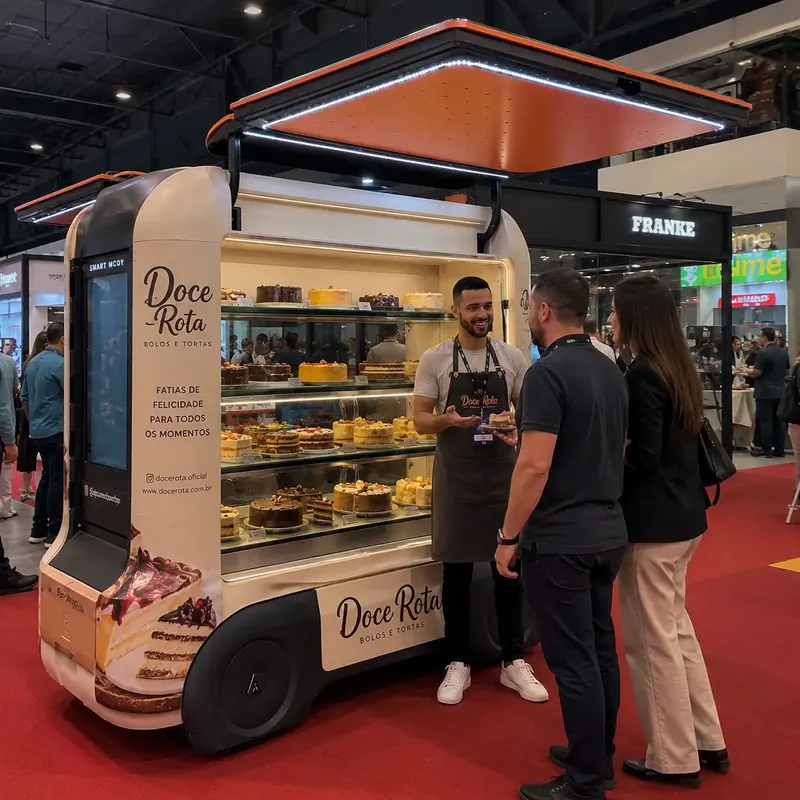Atendente mostra doces a clientes em quiosque de confeitaria num evento