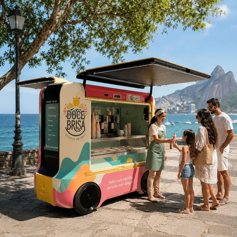 Atendente serve sorvete a uma família em quiosque Smart Moov colorido na orla