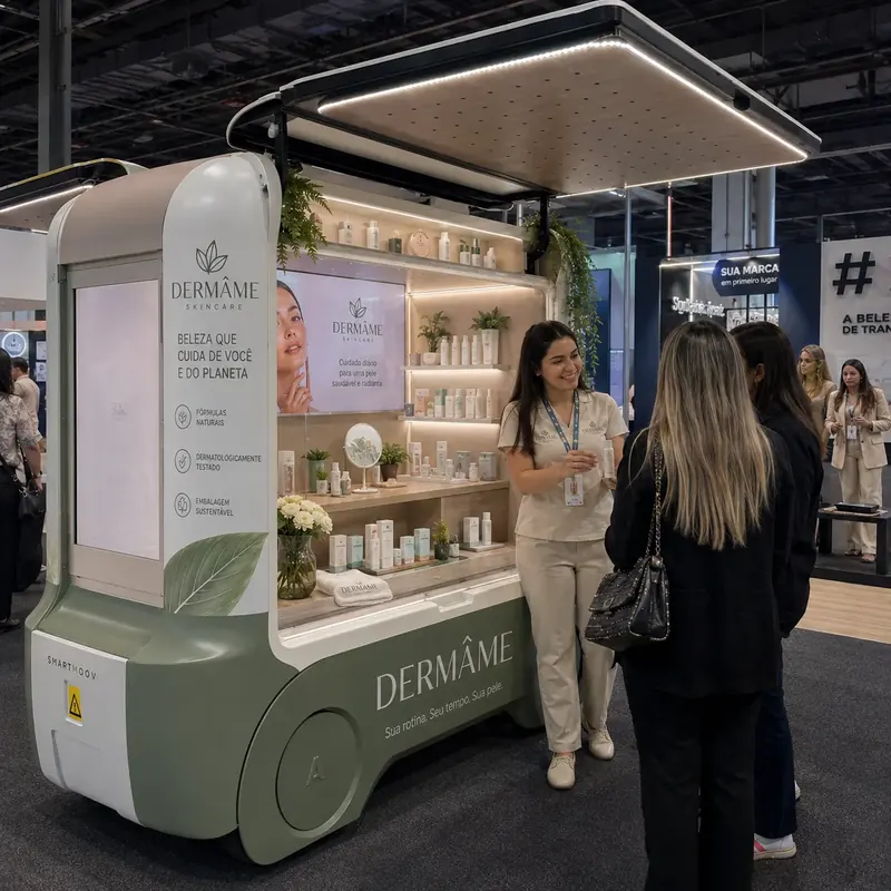 Consultora apresenta cosméticos a clientes em stand móvel verde numa feira