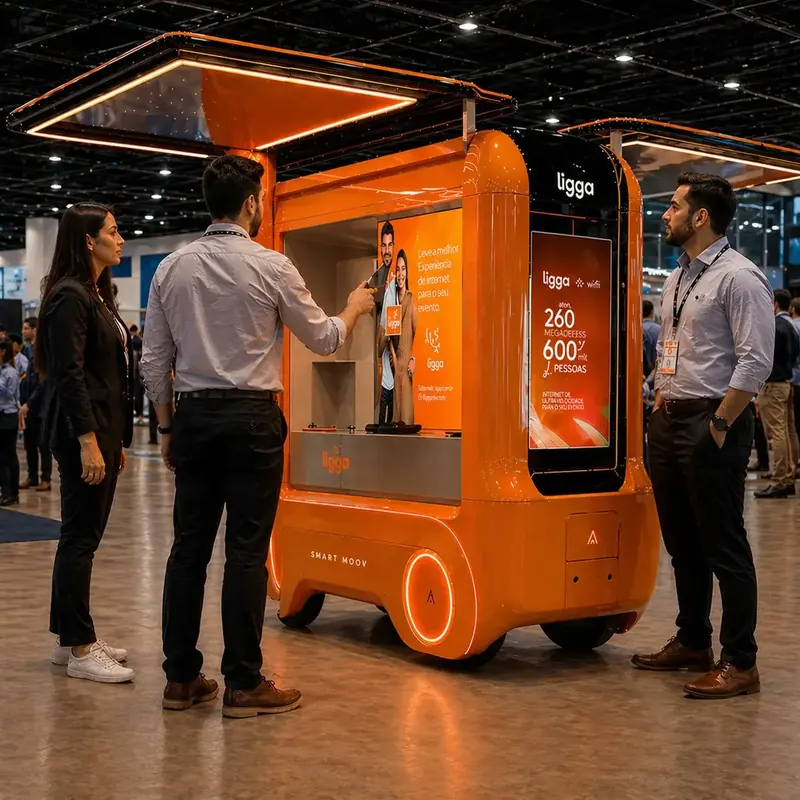 Stand móvel laranja com telas digitais atraindo visitantes numa feira de negócios