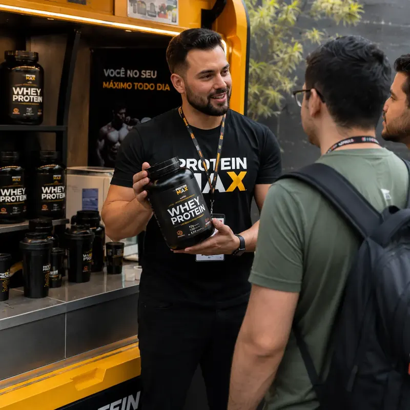 Vendedor mostra pote de whey protein a cliente em stand móvel