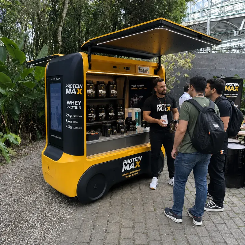 Vendedor atende clientes em stand móvel amarelo de suplementos ao ar livre