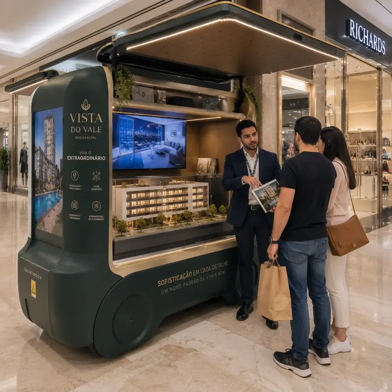 Corretor apresenta maquete de empreendimento a um casal em stand móvel num shopping