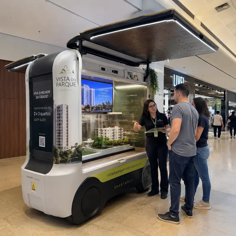 Corretora atende casal em stand móvel de lançamento imobiliário num shopping