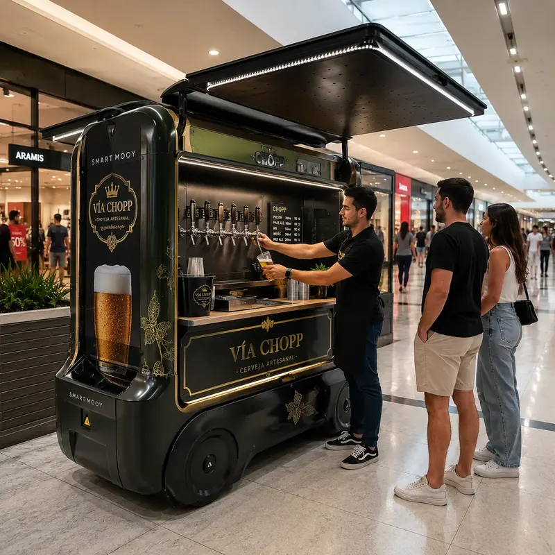 Atendente tira chopp para clientes em mini trailer preto e dourado num shopping