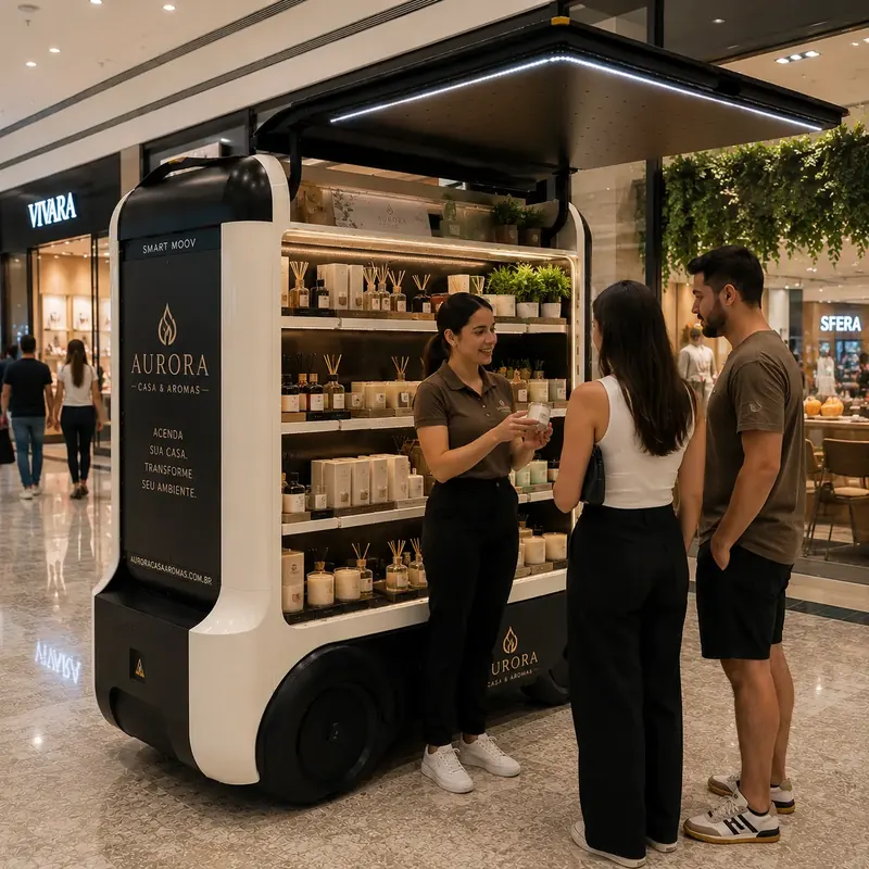Vendedora apresenta produtos de casa e aromas em Smart Moov branco num shopping