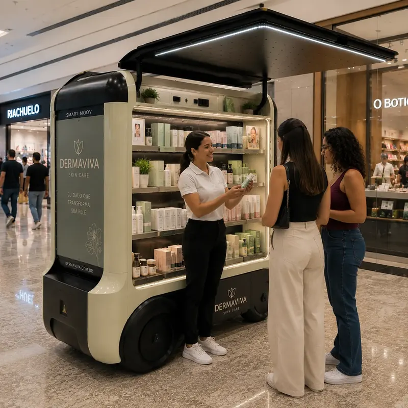 Vendedora apresenta produtos de skincare a clientes em loja itinerante clara num shopping