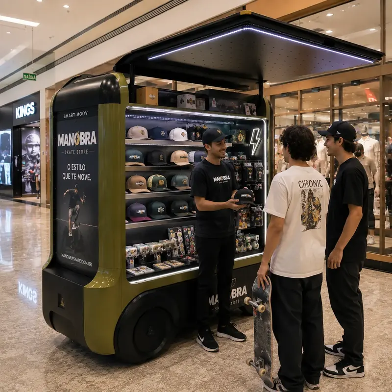 Vendedor mostra bonés a dois jovens em loja itinerante verde de streetwear