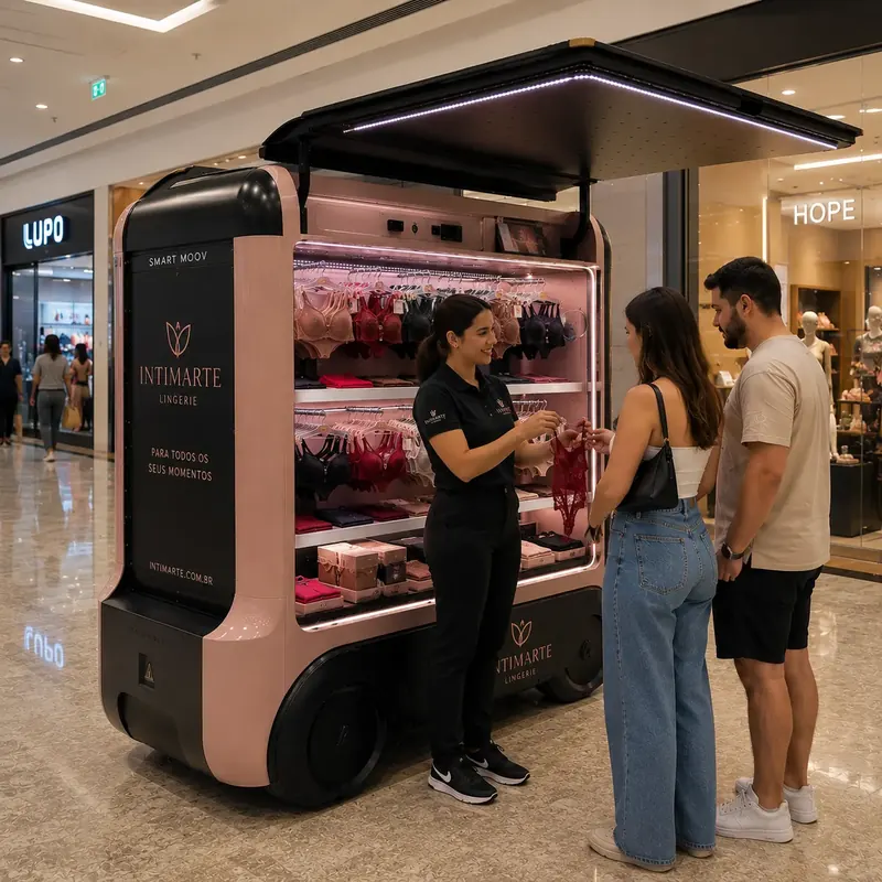 Vendedora mostra lingerie a clientes em loja itinerante rosa num shopping