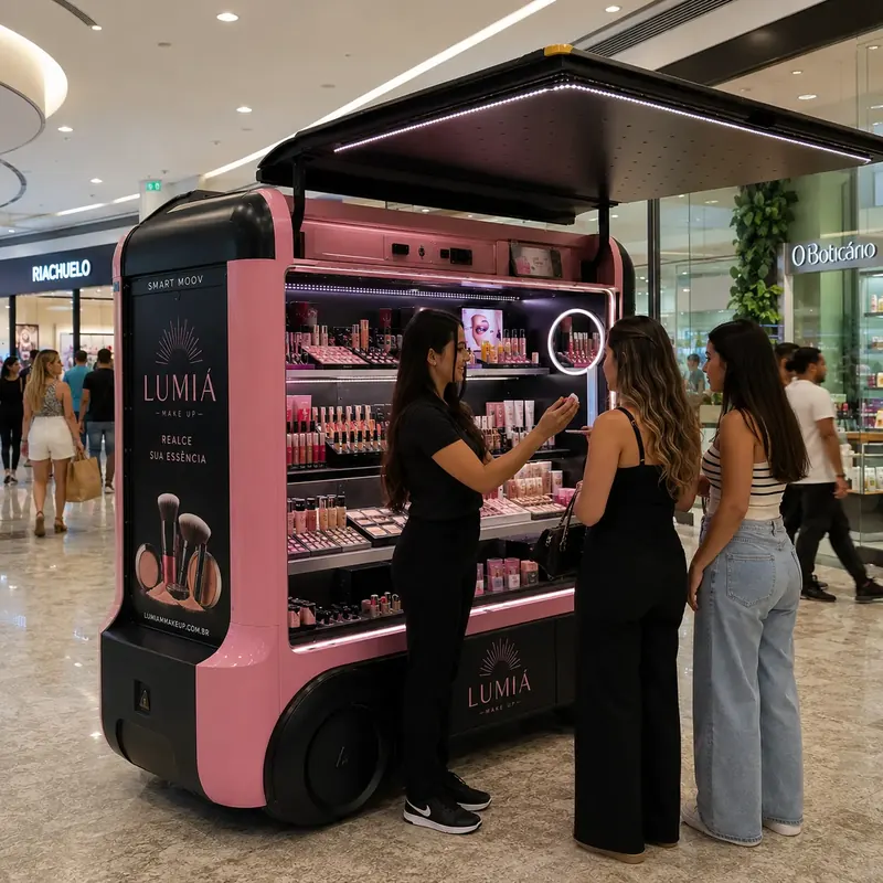 Vendedora atende clientes em loja itinerante rosa de maquiagem num shopping