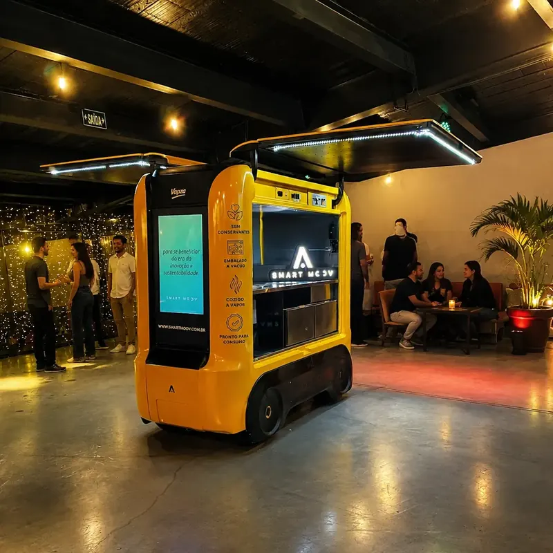 Mini trailer Smart Moov amarelo com tela digital dentro de um bar