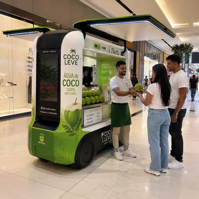 Carrinho de água de coco verde com cocos à mostra atendendo clientes em shopping