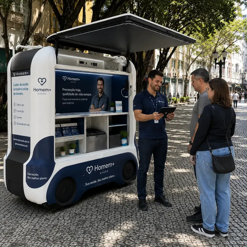 Atendente com tablet conversa com pedestres em unidade móvel de saúde do homem numa calçada