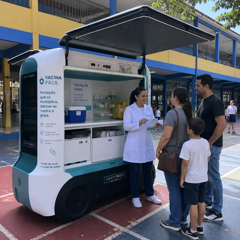 Profissional de saúde atende família em unidade móvel de campanha de vacinação numa escola