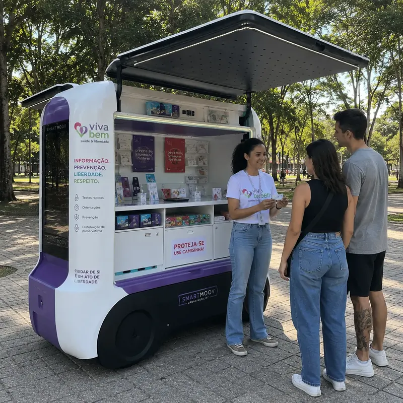 Atendente conversa com casal em unidade móvel de prevenção e informação num parque