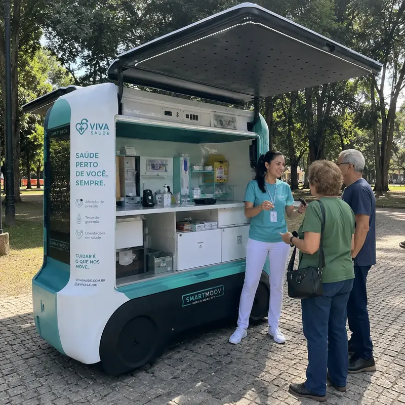 Profissional de saúde atende casal de idosos numa unidade móvel Smart Moov num parque