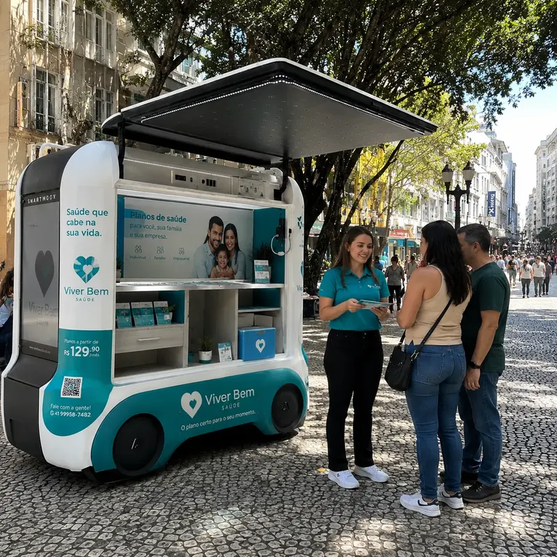 Unidade móvel de saúde verde-água aberta numa calçada, com atendente conversando com pedestres
