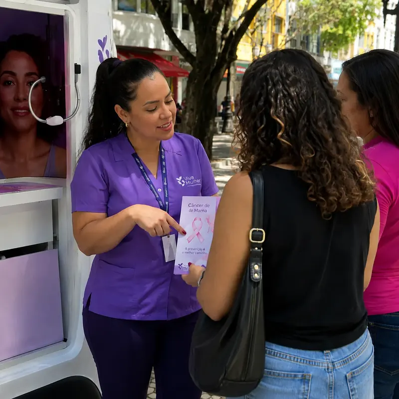 Atendente mostra folheto de campanha de saúde da mulher a uma pedestre