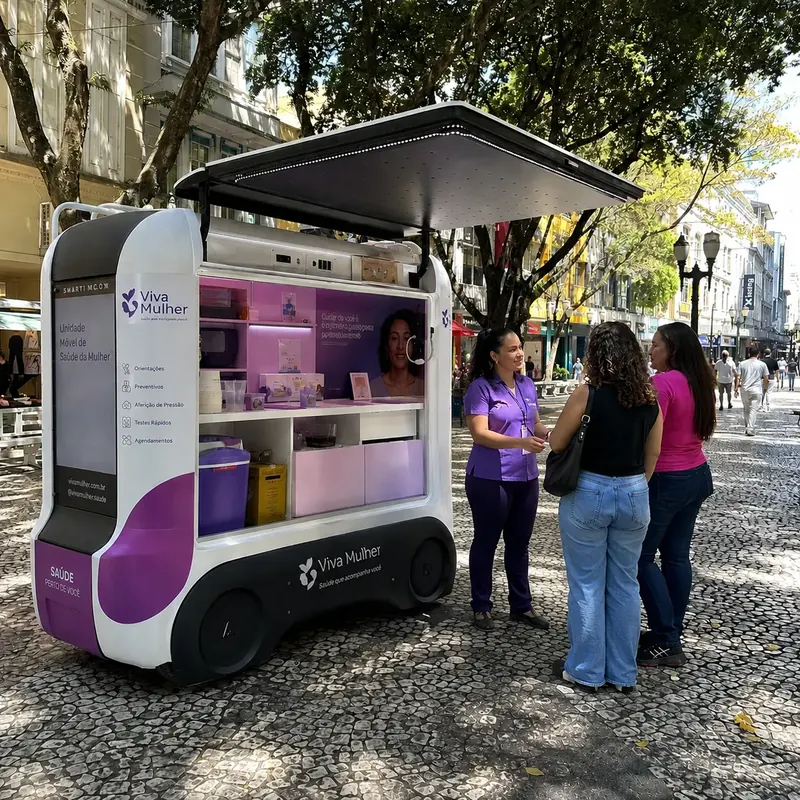 Atendente conversa com duas mulheres em unidade móvel de saúde da mulher numa rua de pedestres