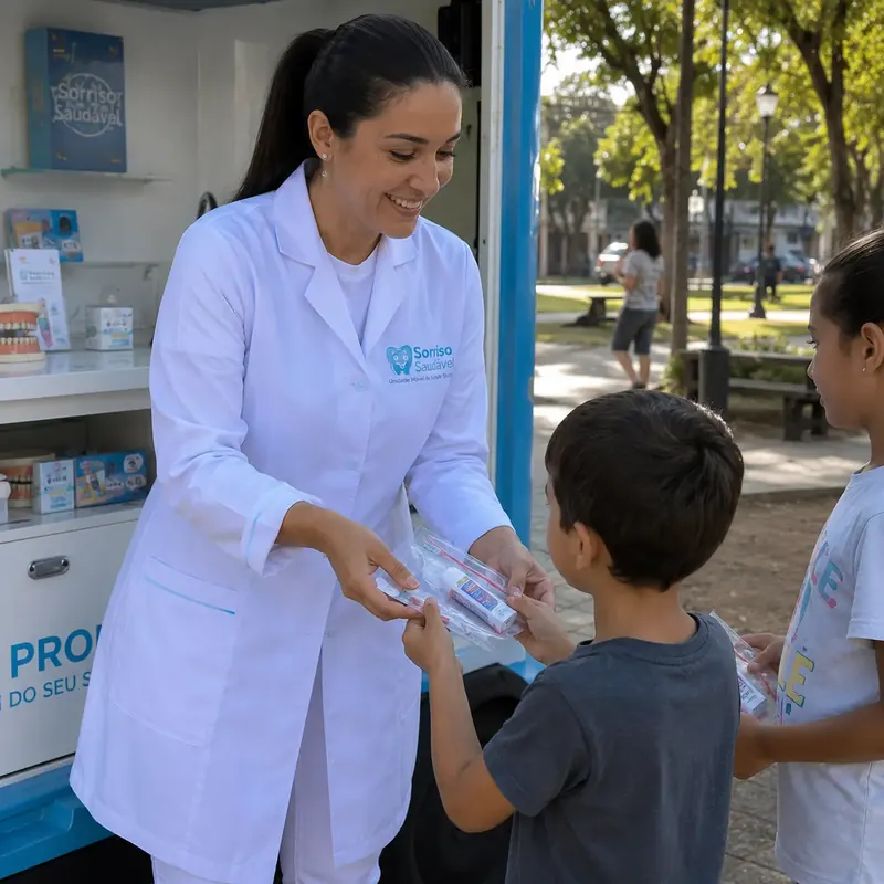 Profissional de jaleco entrega kits de higiene bucal a crianças numa praça