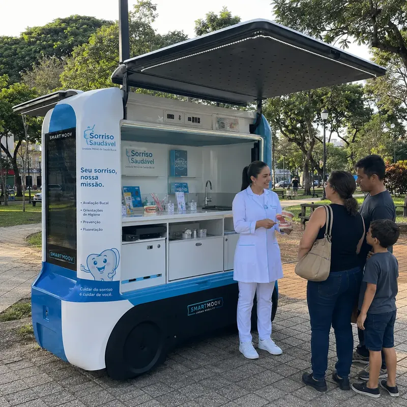 Profissional de jaleco atende família em unidade móvel de saúde bucal num parque
